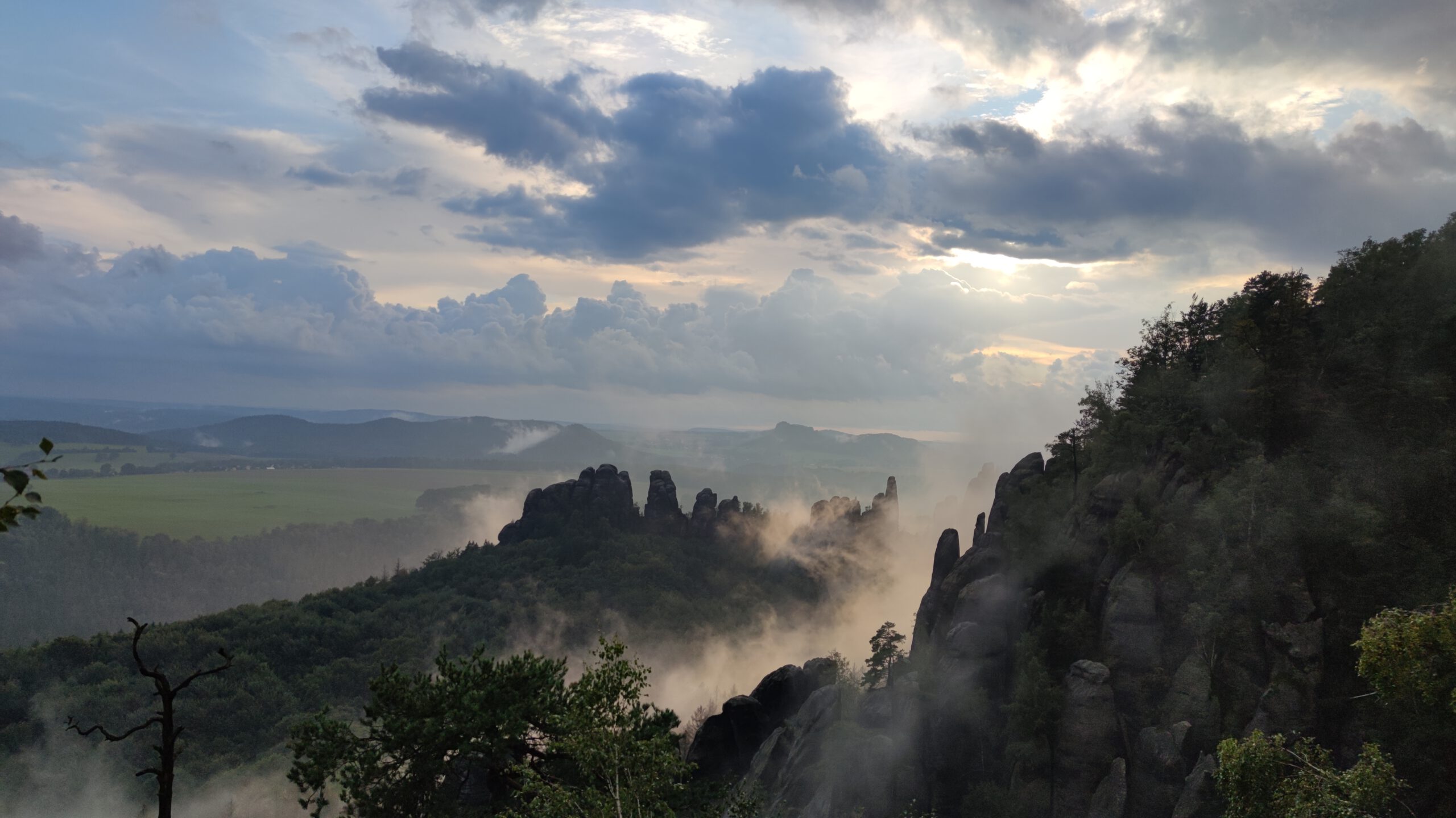 Ausblick von den Schrammsteinen in der Sächsischen Schweiz auf Felsen, Wald und einen neblig bewölkten Himmel.