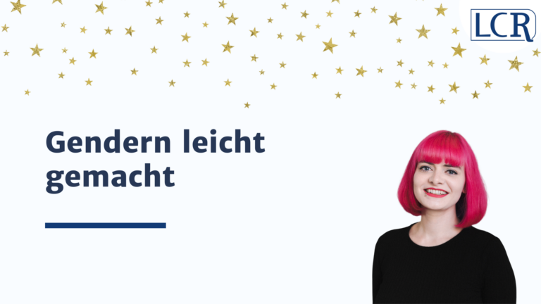 Workshop-Titelbild mit dem Text „Gendern leicht gemacht“ vor weißem Hintergrund. Rechts ein Porträtfoto von Lucia Clara Rocktäschel. Oben rechts das LCR-Logo in Dunkelblau. Im Hintergrund goldene Sternchen.